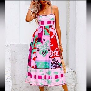 Colorful Abstract Print Midi Dress – Size Medium, New Without Tags